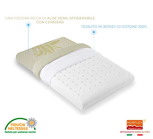 Morflex® - Cuscino per bambino, in Memory Foam Traspirante certificato Oeko Tex®, antisoffoco per culla o lettino, con rivestimento sfoderabile in Aloe Vera, misure 30 X 46 X 6 cm Produzione Italiana