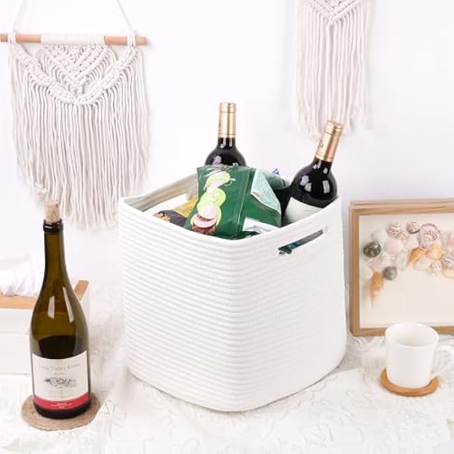 Woven Rope Storage Cube Basket 11 Inch, Square Cube Storage Bin, Decorative Organizer for Kallax, Kids Toy, Closet, Baby Nursery, Decor - Cream White, 3 Pack