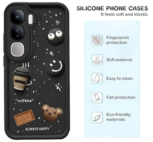 Image of GoldKart Back Case Cover Compatible for Vivo Y300 5G | Cute Fun Cartoon 3D Ball Coffee Silicone Case | Full Body Protection Back Cover for Vivo Y300 5G - Black