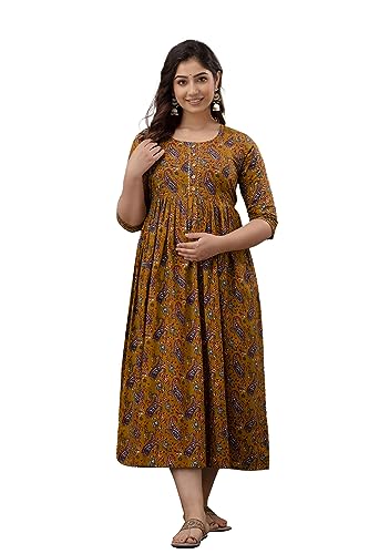 Image of THE Moon Star Women's Cotton Floral Printed Anarkali Maternity Feeding Kurti | Breastfeeding Dress for Mothers | Zipper Feeding Kurti, Nursing Kurti, Comfortable and Trendy Maternity Wear