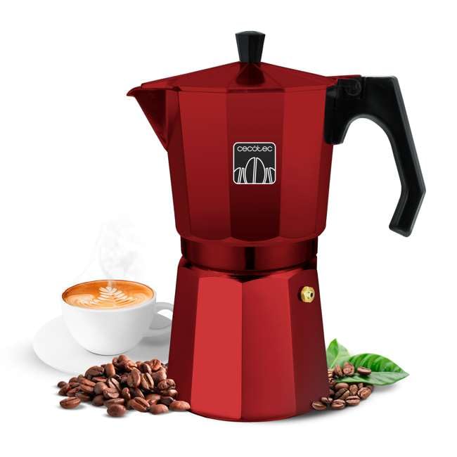 Cecotec Cafetera Italiana Mokclassic 900 Red. en Aluminio, Apta para Gas, Eléctrica y Vitro, 9 Tazas de Café, Junta de Silicona, Mango Ergonómico y Termorresistente, Filtro y Válvula Acero Inoxidable