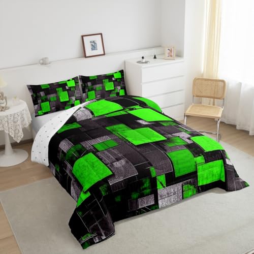 Image of Feelyou Twin Size Geometric Grid Comforter Set Green Black Bedding Set Abstract Art Comforter Boys Girls Geometrics Duvet Insert Kids Bedroom Decor 2Pcs
