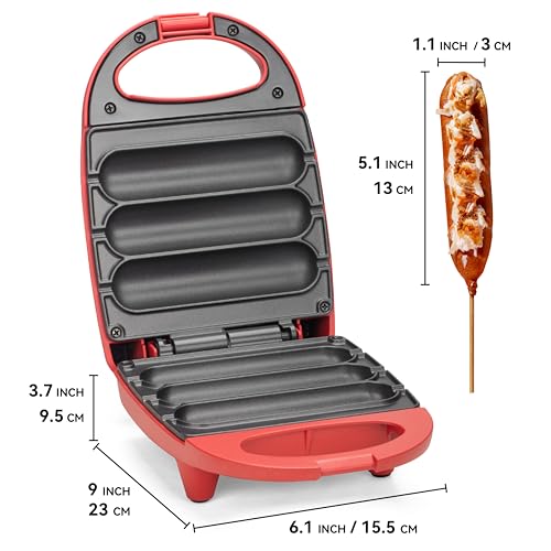 Image of SugarWhisk Electric Corn Dog Maker, Fryer for 3 Mini Corn Dogs on Stick, Cheese Mozzarella Sticks & Treats, Corndog Maker Machine, Hot Dog Machine, Brush Included, Red