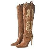 JANSEVEN Western Boots for Women Knee High Cowboy Boots with Embroidered Cowgirl Boot Stiletto High Heel Boot Pointed Toe Side Zipper 3.5 Inches Fashion Boots Size 6
