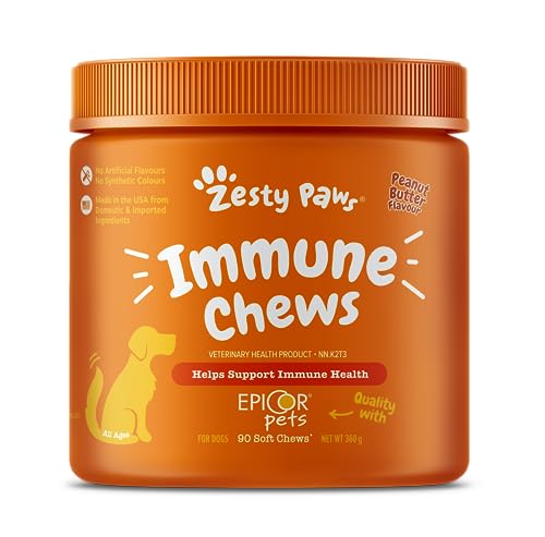 Zesty Paws Immune Chews – Dog Supplements for Immune Support & Gut Health Formulated – Dog Allergy Relief with Salmon Oil and Omega 3 for Itchy Skin Relief, Peanut Butter Flavor 90 Count Zesty Paws