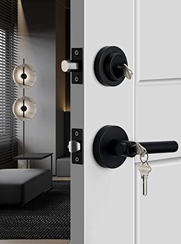 Goldenwarm Keyed Alike Black Door Handle With Deadbolt, Round Contemporary Matte Black Exterior Door Lock Set With Deadbolt, Heavy Duty Zinc-Alloyed Front Entry Door Locksets With Deadbolt(1 Pack) #TOP1