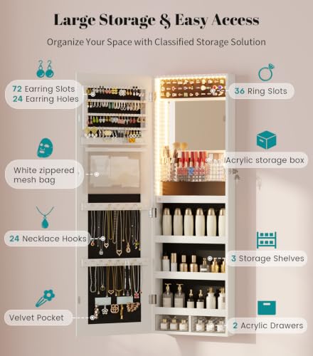 Image of Vlsrka LED Mirror Jewelry Cabinet, Over Door /Wall Mounted Jewelry Organizer