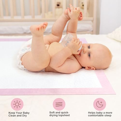 SKY-TOUCH 100 Pieces Baby Disposable Changing Mats,Waterproof Baby Changing Pads, 45x60 cm, Highly Absorbent Leakproof Changing Pad Baby, Ultra soft Diaper Changing Mat Underpads for Baby Pink