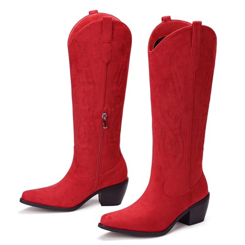 Image of Pasuot Western Cowboy Boots for Women - Knee High Wide Calf Cowgirl Boots, Slip On Pointed Toe Chunky Heel Fashion Retro Classic Pull On Tall Boot for ladies Party concert Matte Red US 8