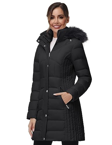 SLOW DOWN Women Winter Down Puffer Coat Warm Hooded Mid-Length Down Jacket for Women with Faux Fur Trim Hood and Pile Collar2