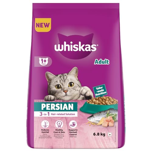 Image of Whiskas Persian Adult (1+ Years) Dry Cat Food, 6.8kg, 100% Complete & Balanced Tailor Made Nutrition, Reduces Hairfall, for Healthy Coat & Skin