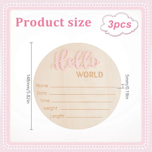 Image of 3Pcs Hello World Newborn Welcome Board 5.9Inches Newborn Announcement Sign Wooden Stat Plaque Souvenir and Gifts Pink for New parents Home Hospital Nursary Decoration