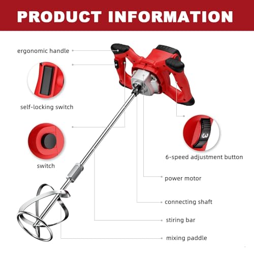 Cement Mixer, Handheld Electric Concrete Mixer, Portable Mortar Mixer with 6 Adjustable Speed, 110V Mud Mixer Machine Drill Tool for Paint Mortar Fodder Mixing Drywall Grout Plaster (Red)