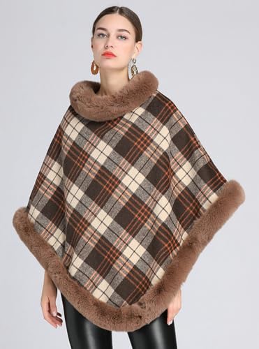 Women Poncho Cloak Plaid Pullover Cape Thick Faux Fur Shawl Wrap Knitted Batwing Sleeve Winter Woolen Sweater2