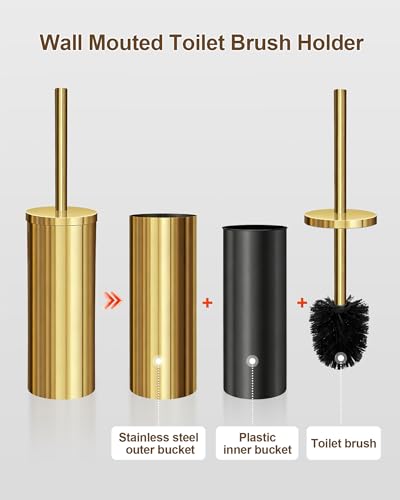 Image of 2.6Gallon Brushed Gold Bathroom Trash Can with Wall Mounted Toilet Brush Set /Stainless Steel Gold Garbage can with Swing lid Trash bin Wastebasket for Bedroom,Office,Kitchen,Powder Room