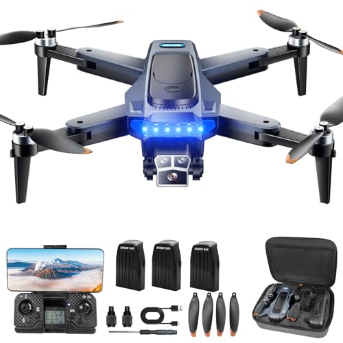 HYTOBP P17 Drone avec caméra 4K pour adultes, GPS Drone professionnel avec moteur sans balais, 3 batteries, transmission Wi-Fi 5G, drones FPV RC avec 3 caméras, Follow me, moins de 249g, Noir