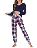 UNibelle Schlafanzug Damen Winter Pyjamas Lang Zweiteiliger Nachtwäsche Loungewear Hausanzug Freizeitanzug Sleepwear Lange Pyjamahose Blau M 36/38/40
