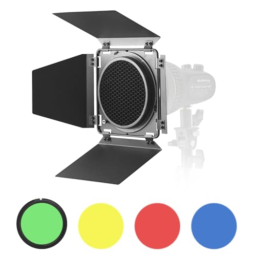 WELLMAKING (Barn Door) Barndoor with Honeycomb Grid and 4 Color Gel Filters (Red Orange Blue Green) for Any Led Lights, Itself Designed with Bowens Mount on The Back