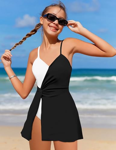 Girls Swimsuits One Piece Swimsuit Color Block Swim Dress V Neck Bathing Suit Quick Dry Swimwear 7-14Y2