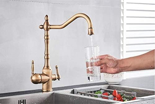 Robinet de cuisine filtre à eau à deux poignées en laiton doré pour évier moderne