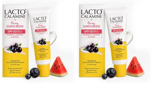Image of Lacto Calamine Dewy Sunscreen SPF 50 PA+++ | 50g | Water Resistant, No White Cast, UVA & UVB Protection | Sunscreen SPF50 + Primer | Acai Berries, Niacinamide & Watermelon | Dermatologically Tested
