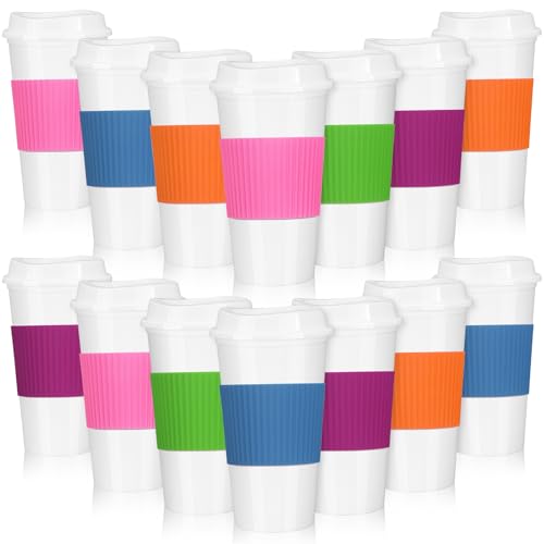 FillTouch 15 Pieces Reusable Coffee Cups with Lids and Non Slip Sleeves, 16 oz Insulated Reusable Hot Cups Bulk Travel Coffee Mugs Plastic Tumblers Cup with Lids for Hot Cold Drinks(Fresh Color) by FillTouch - Used condition - US$20.21