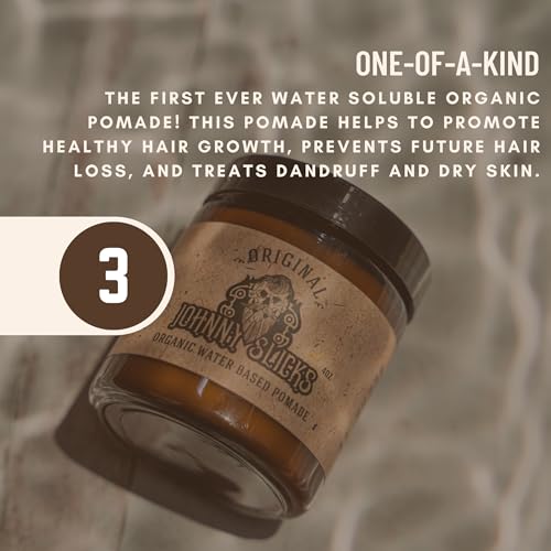 Johnny Slicks Water Based Pomade | Strong Hold, High Shine, Organic Styling for Men | Promotes Healthy Hair Growth & Helps Hydrate Dry Skin (Original, 4 Ounce) US Made, Veteran Owned