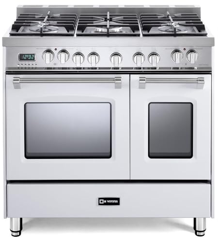 Verona Prestige Series VPFSGE365DW 36 inch. Dual Fuel Range Freestanding 5 Sealed Burners Double Oven Convection Storage Drawer White