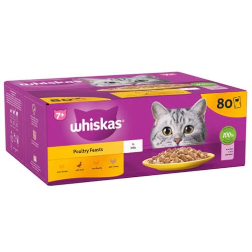 whiskas 7+ Poultry Feasts Senior Wet Cat Food Pouches in Jelly 80 × 85g Pouches