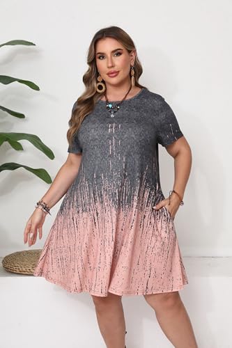 Image of Plus Size Vacation Dress for Women Short Sleeve Summer Beach Sundress with Pockets Loose Fit Knee Length Swim Cover up 3X Tie Dye