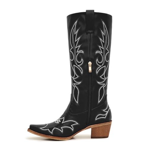Image of Uillnoodu Women's Turquoise Cowgirl Boots - Wide Calf Mid Calf Western Boots Plus Size Embroidered Cowboy Style with Block Heel