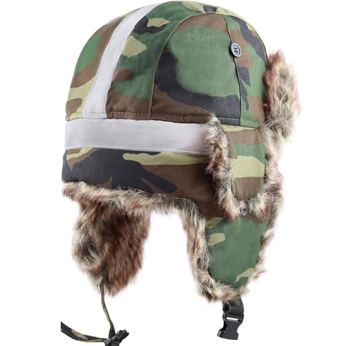 Image of Faux Fur Safety Reflective Aviator Trapper Hat Snow Ski Trooper Winter Cap