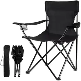 Cadeira de Camping Dobrável com Porta-Copos – Resistente, Confortável e Portáti, Preta, com Bolsa de Transporte Até 130kg