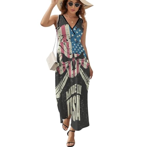 Robe Maxi Crâne Américain sans Manches : Tissu Ultra Léger et Décolleté Col V Anti-Chaleur