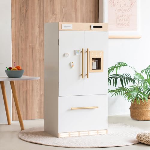 Wooden Play Kitchen Fridge Interactive Ice Maker Double Door Storage & Creative Fridge Magnets Pretend Play Refrigerator for Boys & Girls 3+