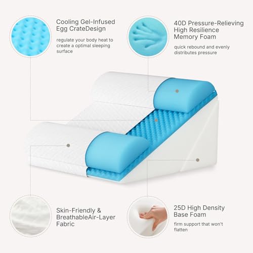 Adjustable Wedge Pillow Set 4PCS, Cooling Gel Memory Foam Bed Wedge with Dual Head Pillows, Extra-Wide Incline Pillow for Acid Reflux, GERD, Sleep Apnea & Post Surgery Recovery, White/Dark Grey — view 3