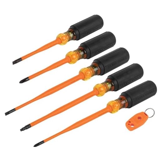 Klein Tools 33736INS Insulated Screwdriver Set, 1000V Slim-Tip Driver with Phillips, Cabinet and Square Bits and a Magnetizer, 6-Piece