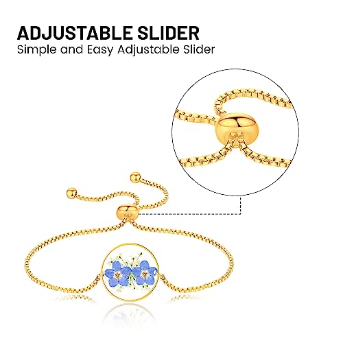 Pressed Flower Bracelets,Handmade Forget-Me-Not And Queen Anne's Lace Pressed Wildflower Bracelet,Gold Personalized Flower Bracelets For Women,Forget Me Not Gifts For Her-Alaska State Flower Bracelet #TOP5