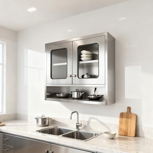 XIMSPHY Kitchen Wall Cabinet with Glass Doors, Bathroom Stainless Steel Storage Cabinet with Adjustable Shelves and Open Shelves, Space-Saving Hanging Storage Cupboard 31.5″x11.8″x27.5″