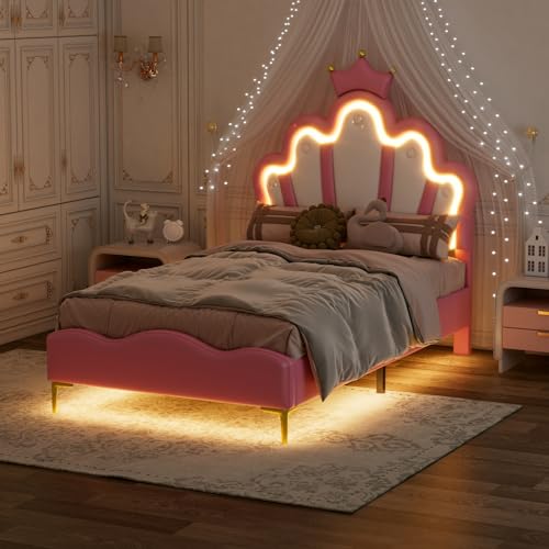 DADEA Letto Bimba 90x200 con LED, Letto una Piazza e Mezza Bambina, LettoBambini Rosa 90 x 200 con LED Letti Singoli per Bambini Letti Bambina LettoPiazza e Mezza Bambino, Rosa, PU