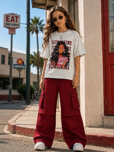 Image of Tween Girls Clothes Short Sleeve Graphic T-Shirt Top + Cargo Pants 2pcs Outfit Set, Size 7-15Years