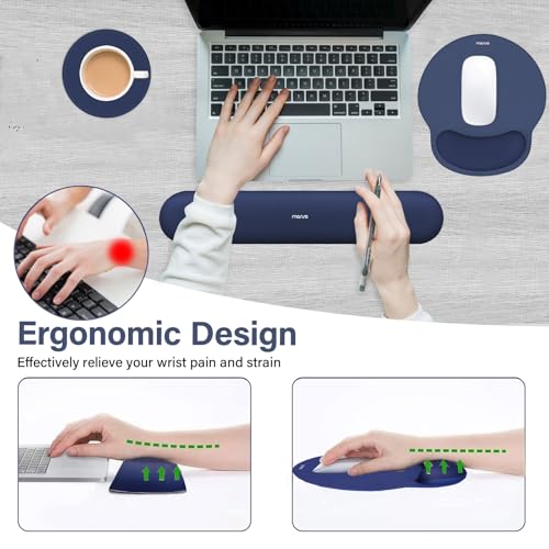 Image of MOSISO Wrist Rest Support for Mouse Pad&Keyboard Set, Circle Curved Ergonomic Mousepad&Coaster Non-Slip Base Home /Office Pain Relief&Easy Typing Pad with Soft Cloth&Raised Memory Foam, Navy Blue