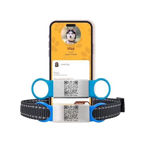 Smart Slide-On QR Code Pet Tag – Silent Dog & Cat ID Tag with Laser Engraving – Stainless Steel & Silicone – No App Needed – Custom Pet Profile – Fits Most Collars (Blue, Small)