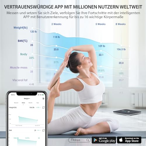 ABLEGRID Wiederaufladbar Körperfettwaage, LED Personenwaage Digital Mit Körperfett Und Muskelmasse Körperfettanalyse, 16 Messungen Der Körperzusammensetzung BMI, Herzfrequenz, 180kg, Schwarz 4