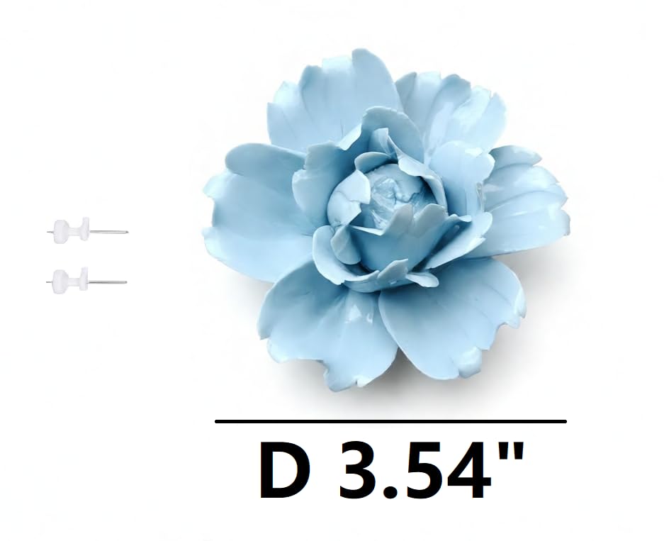 Image of Ceramic Flower Wall Art Decor, Artificial Flower Wall Sculpture,Handmade Ceramic Flowers for Home,Hallway,Living Room, Kitchen,Bathroom (Peony,Light Blue, 3.54 inch)