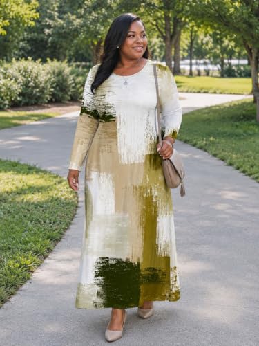 Image of PinkPatty Plus Size Maxi Dress for Curvy Women Crew Neck Long Sleeves Casual Dress Vacation Sundresses with Pockets