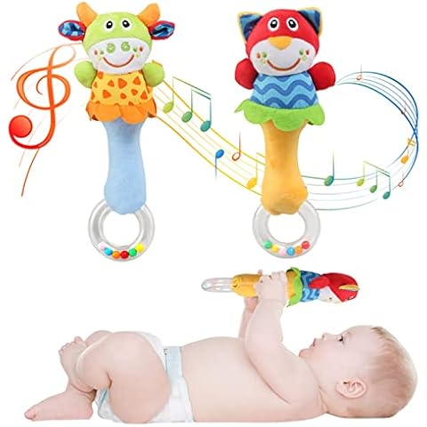 Ballery Baby Soft Rattle Sensory Toys, 2 Pack Rattle Baby Toys Newborn First Plush Rattle Infant Developmental Hand Grip Baby Toys with Sound for Baby 0-12 Months Cover