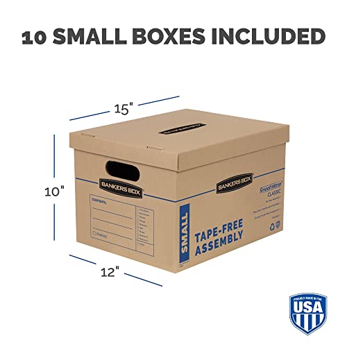 Image of Bankers Box 10-Pack Small Classic Moving Boxes with Reinforced Handles | Pack books, files, and dense items with sturdy small boxes built for easy carrying and organized moves.