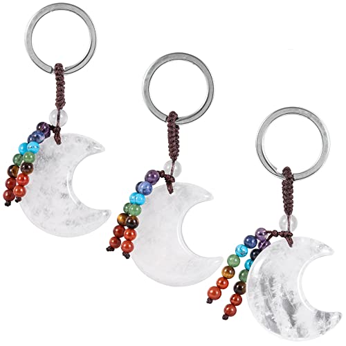 Sunyik 2Pcs Rock Quartz Hand Craved Moon Star Crystal Key Chain For Couple Love Polished Stone 7 Chakra Crystal Charm Key Ring For Car Wallet Backpack #TOP3