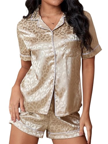 OYOANGLE Women's 2 Piece Leopard Satin Pajama Set Button Down Shirt and Shorts Pjs Sleepwear